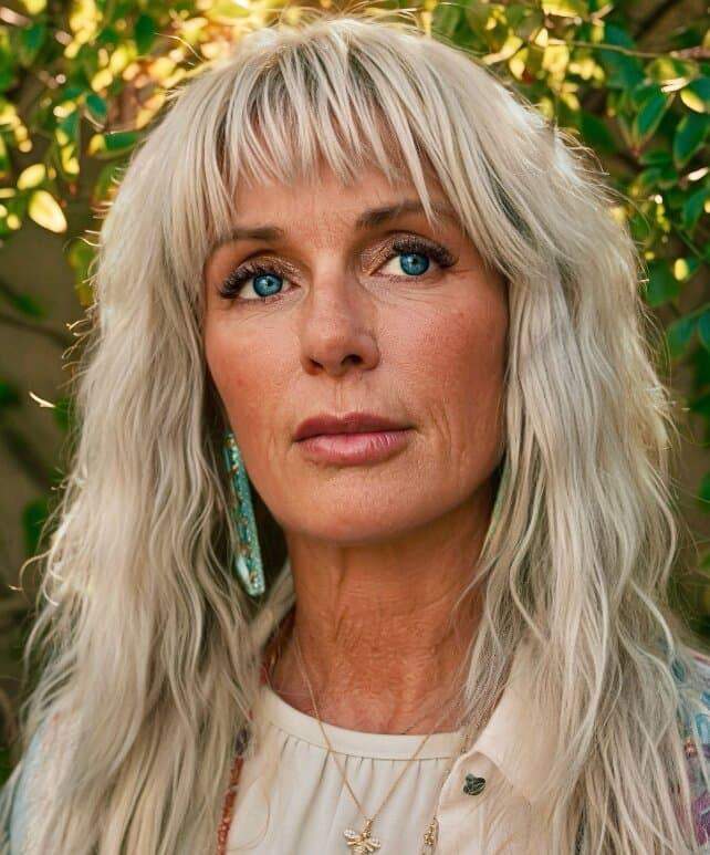 Melanie MataJi with long blonde hair and blue eyes stands outdoors, wearing a white top and turquoise earring, surrounded by green foliage.