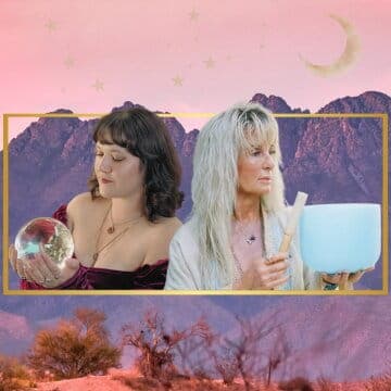 Two women holding a crystal ball and a singing bowl, set against a mountainous landscape with a crescent moon in the sky.