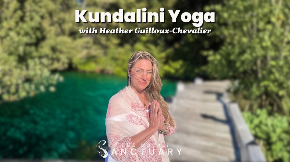Person practicing Kundalini Yoga outdoors by a scenic lake, hands in prayer position, with text: Kundalini Yoga with Heather